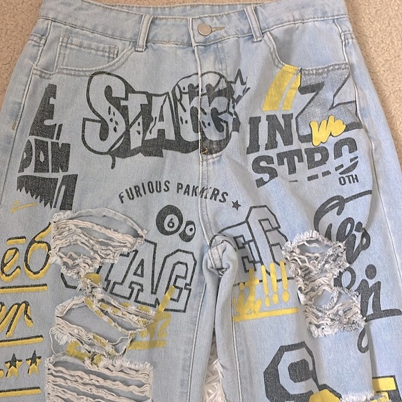 SHEIN High Waisted Straight Leg Distressed Graphic Jeans - Picture 8 of 9